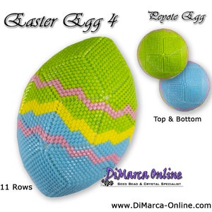 以下が含まれることがあります： 緑、黄色、青、ピンクのパターンで卵の形をしたビーズでできたイースターエッグ。卵はシードビーズで作られており、高さ11列です。画像には、卵の上部と下部も表示されており、これらは別々の部品です。
