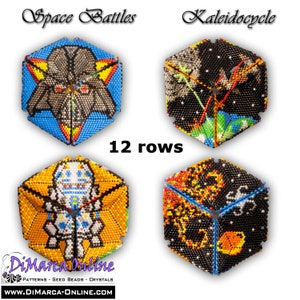 Puede incluir: Cuatro diseños hexagonales de cuentas coloridas, cada uno con un patrón espacial diferente. Los diseños están etiquetados como "Space Battles" y "Kaleidocycle" e incluyen una figura similar a Darth Vader, una nave espacial, una calavera y un sol ardiente. El texto "12 rows" también está incluido.