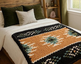 Bohemian Aztec, Color Block, Chunky Knit Throw Blanket