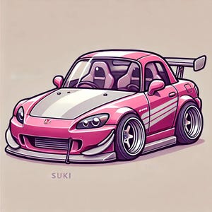 Puede incluir: Un coche deportivo Honda S2000 rosa con una franja blanca y la palabra "SUKI" escrita en la parte inferior. El coche tiene ruedas negras y un alerón negro.