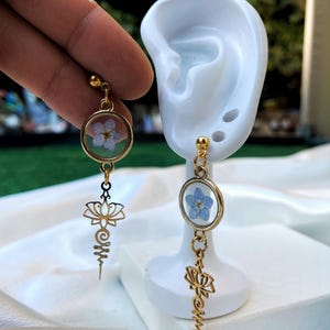 Handmade Real Flower Earrings “Forget Me Not” & Golden Lotus Flower | Handmade Resin Long Earrings | Flower Jewelry