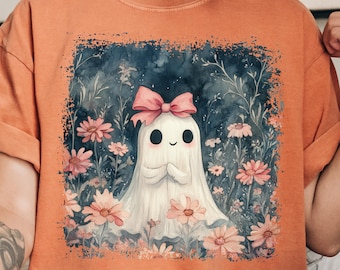 Simpatico fantasma in fiori di campo PNG, fantasma Cottagecore PNG, fantasma autunnale, fantasma autunnale PNG, fantasma di Halloween PNG, fantasma floreale PNG, download istantaneo