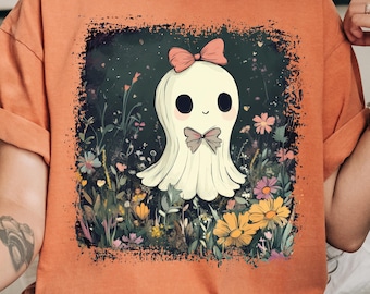 Simpatico fantasma in fiori di campo PNG, fantasma Cottagecore PNG, fantasma autunnale, fantasma autunnale PNG, fantasma di Halloween PNG, fantasma floreale PNG, download istantaneo