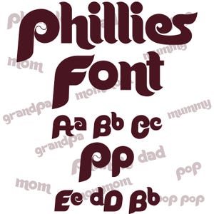 May include: A maroon-colored graphic featuring the word "Phillies" in a stylized font, along with the word "Font" and examples of the alphabet. The design includes the letters Aa, Bb, Cc, Pp, and other letter combinations. The background is white.