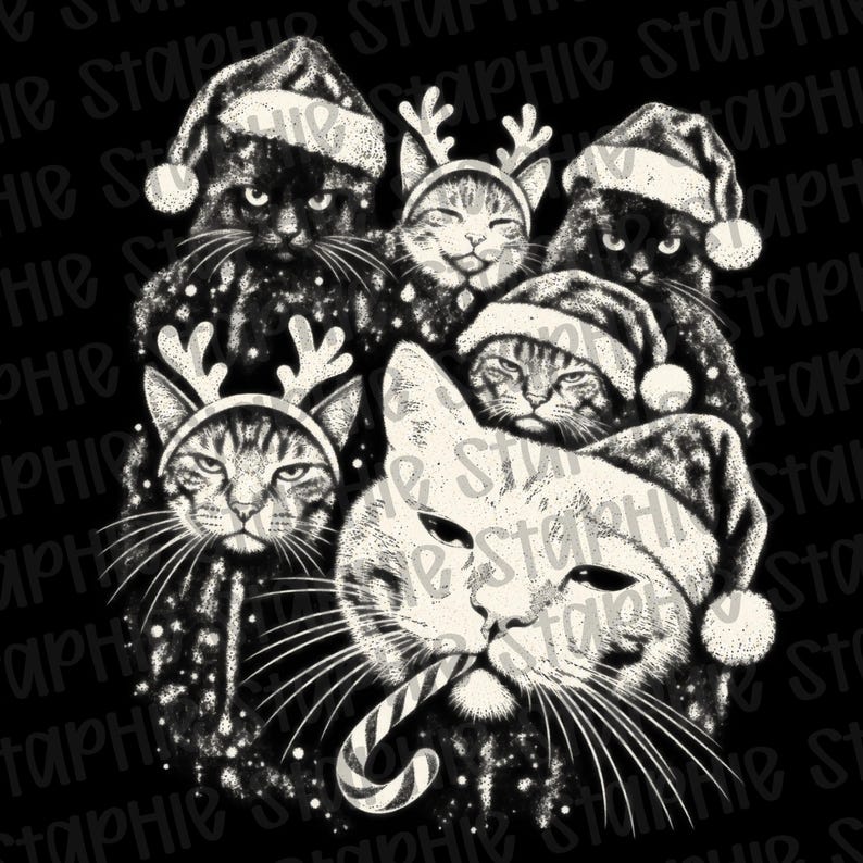 Puede incluir: Una ilustraci&oacute;n gr&aacute;fica en blanco y negro con cinco gatos de diversas expresiones. Tres gatos llevan gorros de Pap&aacute; Noel, mientras que dos llevan diademas de cuernos de reno. Un gato en primer plano sostiene un bast&oacute;n de caramelo en la boca.