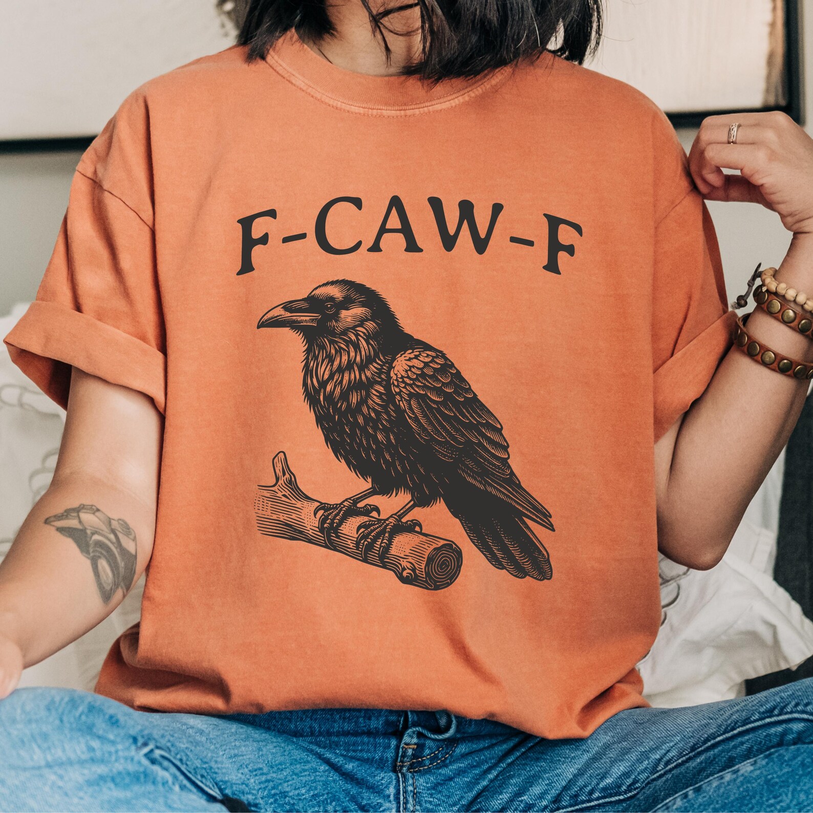 Crow T-shirt Amusant Pour Femme F-Caw-F Sweat Fantaisie Corbeau Noir Oiseau Graphique Pull Horreur Fcawf Décontracté à Manches Longues Haut D'automne