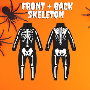 May include: Black skeleton-themed jumpsuit with white bone detailing, shown front and back. The jumpsuit has a high collar and a full-body skeleton design. The text "FRONT + BACK SKELETON" is at the top.