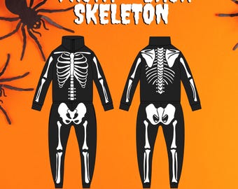 May include: Black skeleton-themed jumpsuit with white bone detailing, shown front and back. The jumpsuit has a high collar and a full-body skeleton design. The text "FRONT + BACK SKELETON" is at the top.