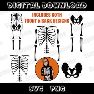 May include: Digital download of black skeleton designs for Halloween. Includes front and back designs. The image includes the text "DIGITAL DOWNLOAD" and "INCLUDES BOTH FRONT & BACK DESIGNS".