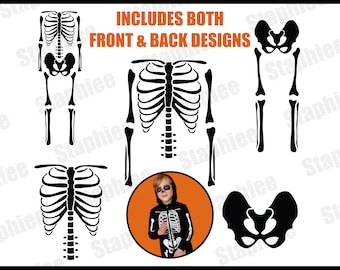 May include: Digital download of black skeleton designs for Halloween. Includes front and back designs. The image includes the text "DIGITAL DOWNLOAD" and "INCLUDES BOTH FRONT & BACK DESIGNS".