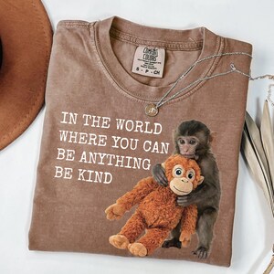 May include: Brown Comfort Colors t-shirt with the text "IN THE WORLD WHERE YOU CAN BE ANYTHING BE KIND" and a graphic of a monkey hugging a stuffed monkey. A silver necklace is draped across the shirt.