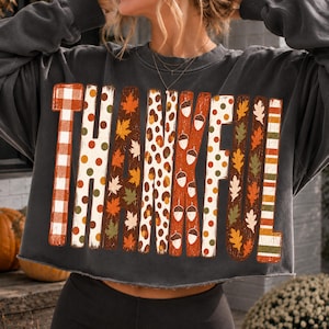 Dankbarkeits-PNG, Erntedankfest-PNG, Herbst-Patchwork-PNG, Leopardenkaro-Herbst-Sublimationsdruck, Preppy-Herbst-Shirt-Design, Faux-Applikation für Erntedankfest
