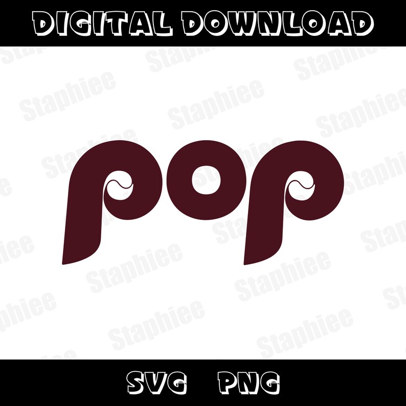 May include: A digital download graphic with the word "pop" in a stylized, burgundy font. The word is centered on a white background, with "SVG" and "PNG" text at the bottom.