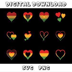 May include: A set of 12 digital download SVG and PNG files featuring various heart designs in red, yellow, and green colours. The hearts are in different styles, including striped, outlined, and filled.
