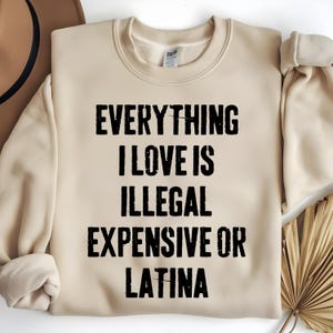 May include: Beige sweatshirt with black text that reads "Everything I love is illegal expensive or Latina".