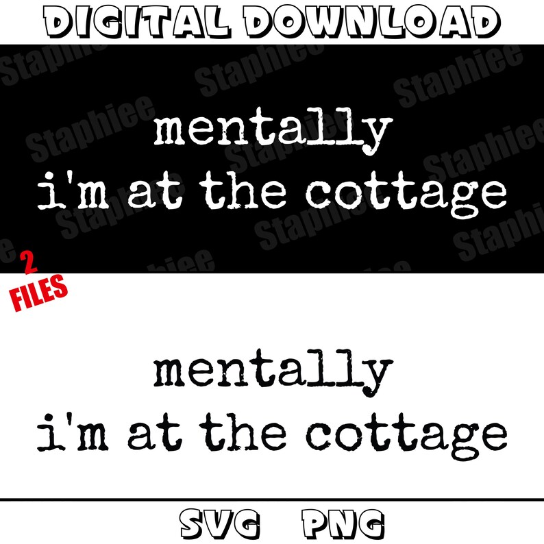 Puede incluir: Gr&aacute;fico de descarga digital con el texto "mentally I'm at the cottage" en fuente de m&aacute;quina de escribir. El dise&ntilde;o est&aacute; disponible en formatos SVG y PNG. La mitad superior es negra con texto blanco, la mitad inferior es blanca con texto negro.