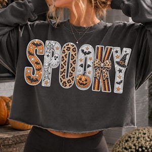 Immagine PNG spettrale di Halloween, PNG con finti strass per sublimazione, design per maglietta con fantasma e fiocco leopardato, clipart di strega con zucca scintillante, regalo alla moda per lei