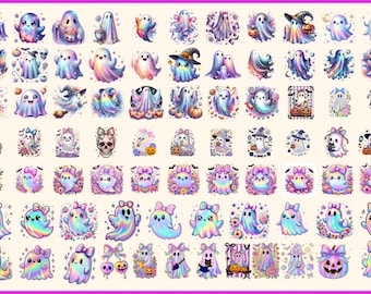 Iridescent Ghost Bundle PNG, Coquette Halloween Png, Spooky Season, Girly Halloween Png, Cute Ghost Pumpkin Png, Retro Neon Ghost Clipart