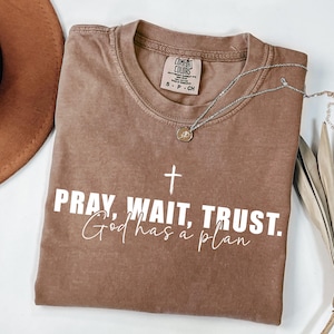 May include: A brown Comfort Colors t-shirt with the text "PRAY, WAIT, TRUST. God has a plan" in white. A silver necklace with a pendant is draped over the shirt. The shirt has a crew neck and short sleeves.