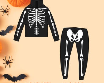 May include: Black Halloween skeleton costume set. The set includes a jacket with a full-length zip and matching trousers, both featuring a white skeleton bone design. The words "FRONT + BACK" are printed in orange.