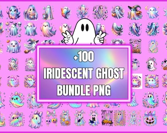 Iridescent Ghost Bundle PNG, Coquette Halloween Png, Spooky Season, Girly Halloween Png, Cute Ghost Pumpkin Png, Retro Neon Ghost Clipart