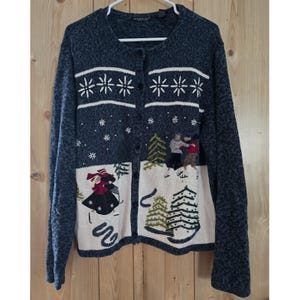 Reference Point XL Winter Scene Cardigan Sweater Ice Skaters Trees Snowflakes