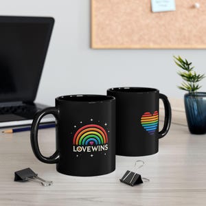 Pride Black Coffee Mug, &quot;Love Wins&quot; Coffee Mug, Gift for Pride, Coffee Lovers, LGBTQ Gift