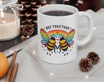 Two Bees with Rainbow Wings 'Bee Together' Mug, Arched Caps Lettering, White Ceramic Cup