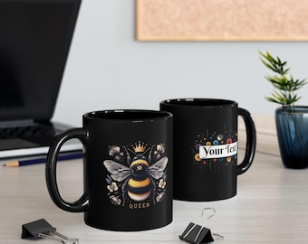 Caneca personalizada de abelha rainha preta, presente para amantes de abelhas, caneca de cerâmica preta para café ou chá, presente para amantes de abelhas, caneca personalizada de abelha