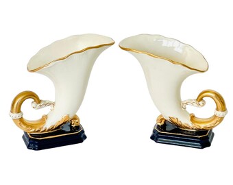 Vintage Ceramic Cornucopia Vases: Gold Trim Horns of Plenty Pair