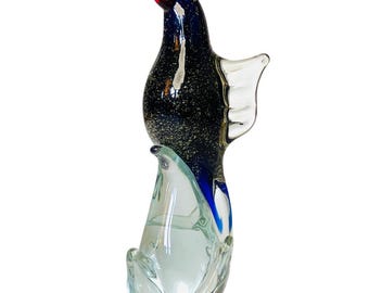 Murano Glass Parrot Sculpture: 24k Gold Flakes, Formia Venezia Art Glass