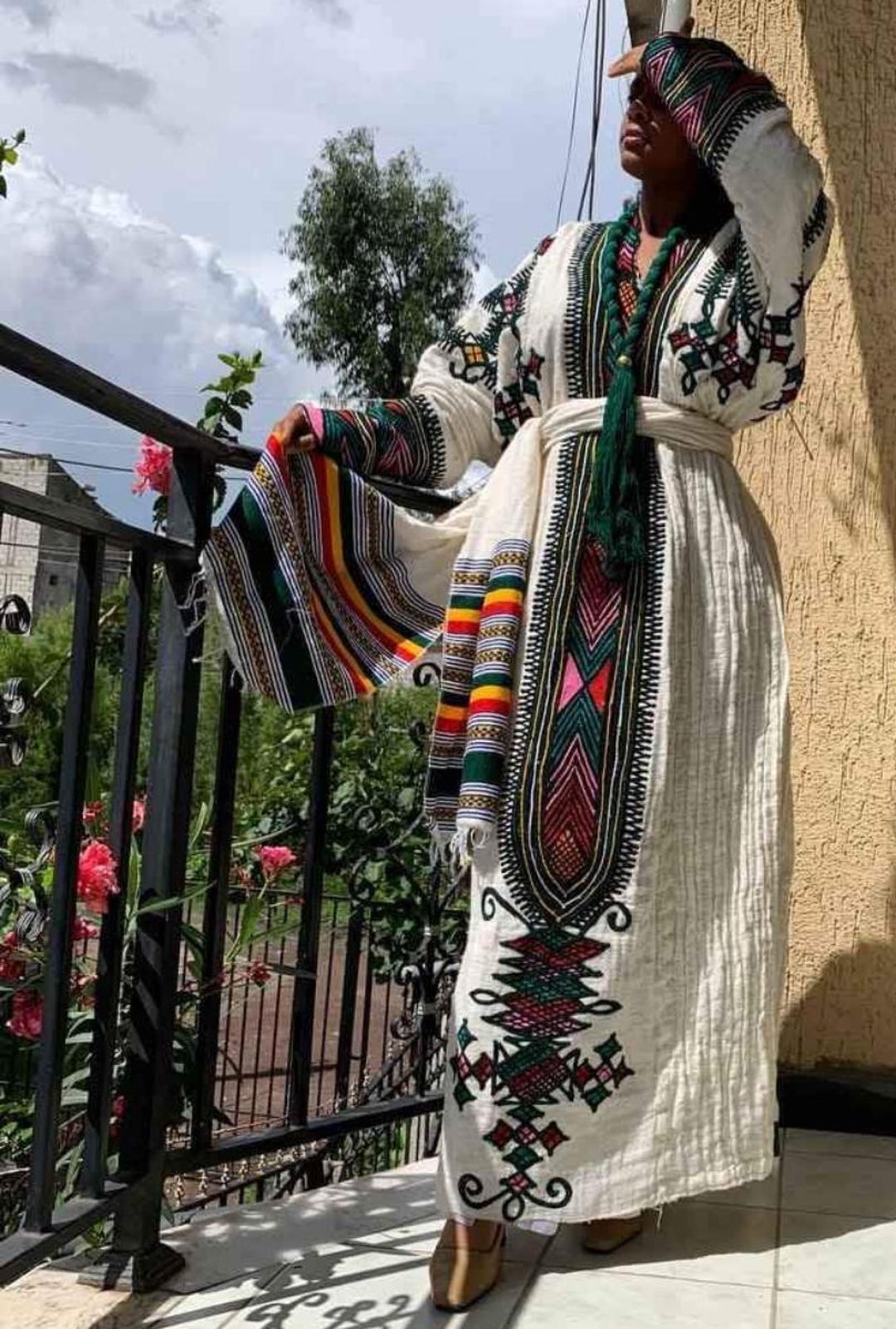 Green Gonder Fetel Ethiopian Dress – Traditional Habesha Kemis with Handwoven Design