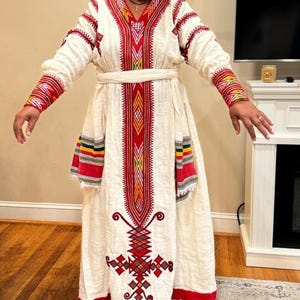 Ethiopian Cultural Dress Habesha Wedding Dress with Netela Handmade Cotton Kemis African Traditional Clothing ጎንደር ቀሚሰ በቀይ