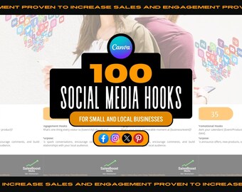 May include: A Canva graphic with a white background and a black rectangle in the center. The rectangle contains the text "100 Social Media Hooks for Small and Local Businesses". The graphic also includes icons for Facebook, Instagram, TikTok, and Pinterest.