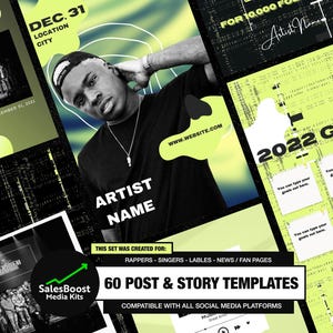 Pode incluir: Um conjunto de 60 modelos de postagem e história para mídias sociais para rappers, cantores, gravadoras, notícias e páginas de fãs. Os modelos apresentam um esquema de cores preto e verde com um efeito de glitch digital. O texto "2022 Goals" é apresentado em um dos modelos.