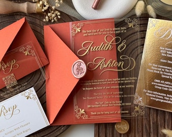 Rustic Clear Acrylic Wedding Invitations and RSVP with Burnt Orange Trifold Envelopes, Acrylic Invites with Details Card