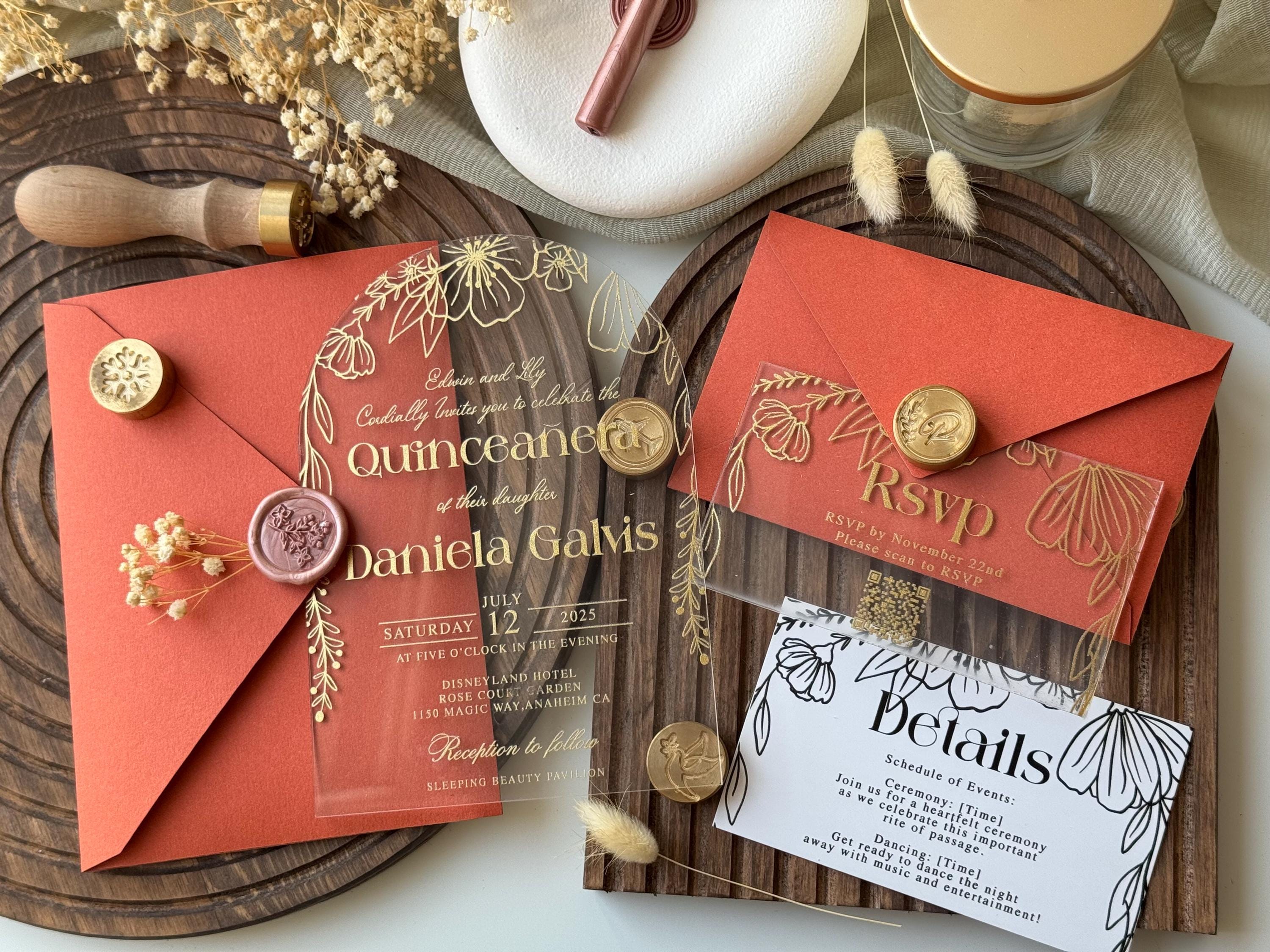 Clear Acrylic Quinceanera Invitations with RSVP, Sweet 16 Invitation, Princess Party Quince Invites with Burnt Orange Trifold Envelopes