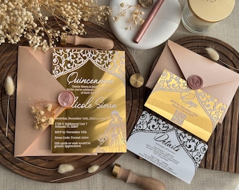 Mirror Gold Acrylic Quinceanera Invitations with RSVP, Sweet 16 Invitation, Xv Invitations, Princess Party Quince Invites