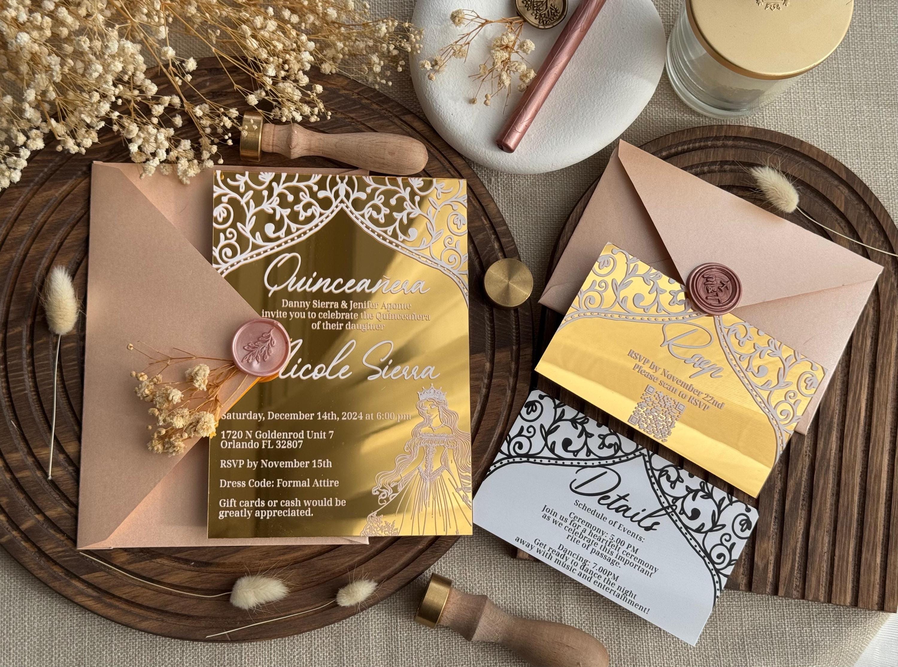 Mirror Gold Acrylic Quinceaera Invitations With RSVP, Sweet 16 Invitation  - Etsy