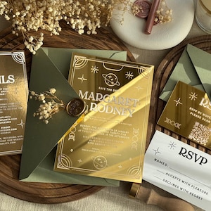 Spiegel Gold Acryl Hochzeitseinladungen mit Antwortkarten, einzigartige Hochzeit lädt ein, Quinceanera Einladungen, Faire Teil Mariage