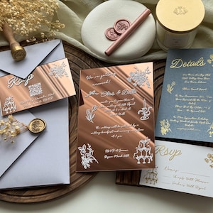 Roségoldene Spiegel-Acrylhochzeitseinladungen mit Antwortkarten, Quinceanera-Geburtstagseinladungen, benutzerdefinierte elegante Einladungen