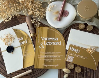 Mirror Gold Acrylic Wedding Invitations with RSVP, Unique Wedding Invites Set, Quinceanera Invitations, Faire Part Mariage