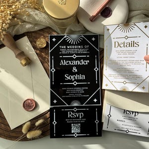 Faire-parts modernes en acrylique noir avec impression blanche, carte d'informations sur le mariage, code QR RSVP, ensemble de papeterie de mariage en acrylique