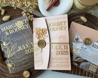 Stylish Clear Acrylic Wedding Invitation Cards with QR Code RSVP, Birthday Invitation Sweet 16, Invitaciones de Boda, Wedding Invites Suite