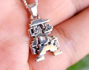 Super Mario Bros Retro Pixelated Silver Pendant - Mario Jewelry - Gifts for Nintendo Fans