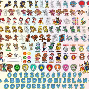 Puede incluir: Una colección de pegatinas y calcomanías coloridas con el tema de la Patrulla Canina. La imagen incluye varios personajes, insignias, números y letras en un diseño lúdico. Las pegatinas presentan colores vibrantes e ilustraciones detalladas.