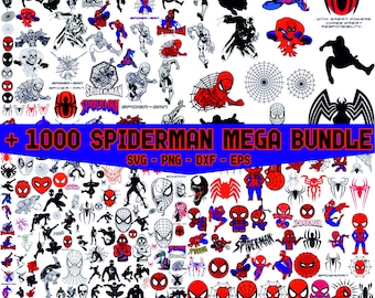 Könnte beinhalten: Eine Sammlung von über 1000 digitalen Clipart-Bildern mit Spiderman in verschiedenen Posen und Stilen. Die Bilder sind in Schwarzweiß, Rot und Schwarz sowie Rot und Blau gehalten. Der Text "+ 1000 SPIDERMAN MEGA BUNDLE" befindet sich oben im Bild. Der Text "SVG - PNG - DXF - EPS" befindet sich unter dem Titel.