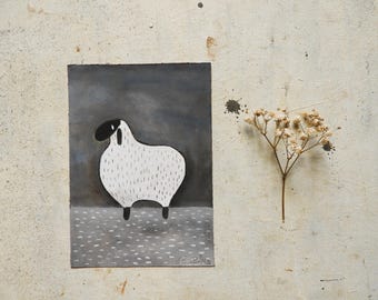 Pintura al óleo original de una oveja extraña, retrato de un animal diminuto