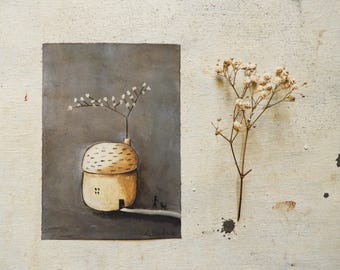 La casa extraña - pequeña pintura original - arte de pared - decoración del hogar - hogar - ooak