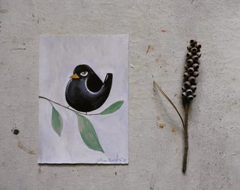 Pintura al óleo de un pequeño mirlo: retrato original en miniatura de un animal